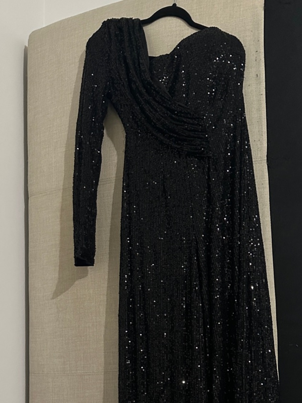 Black Sequin Long-Sleeve Draped Evening Dress